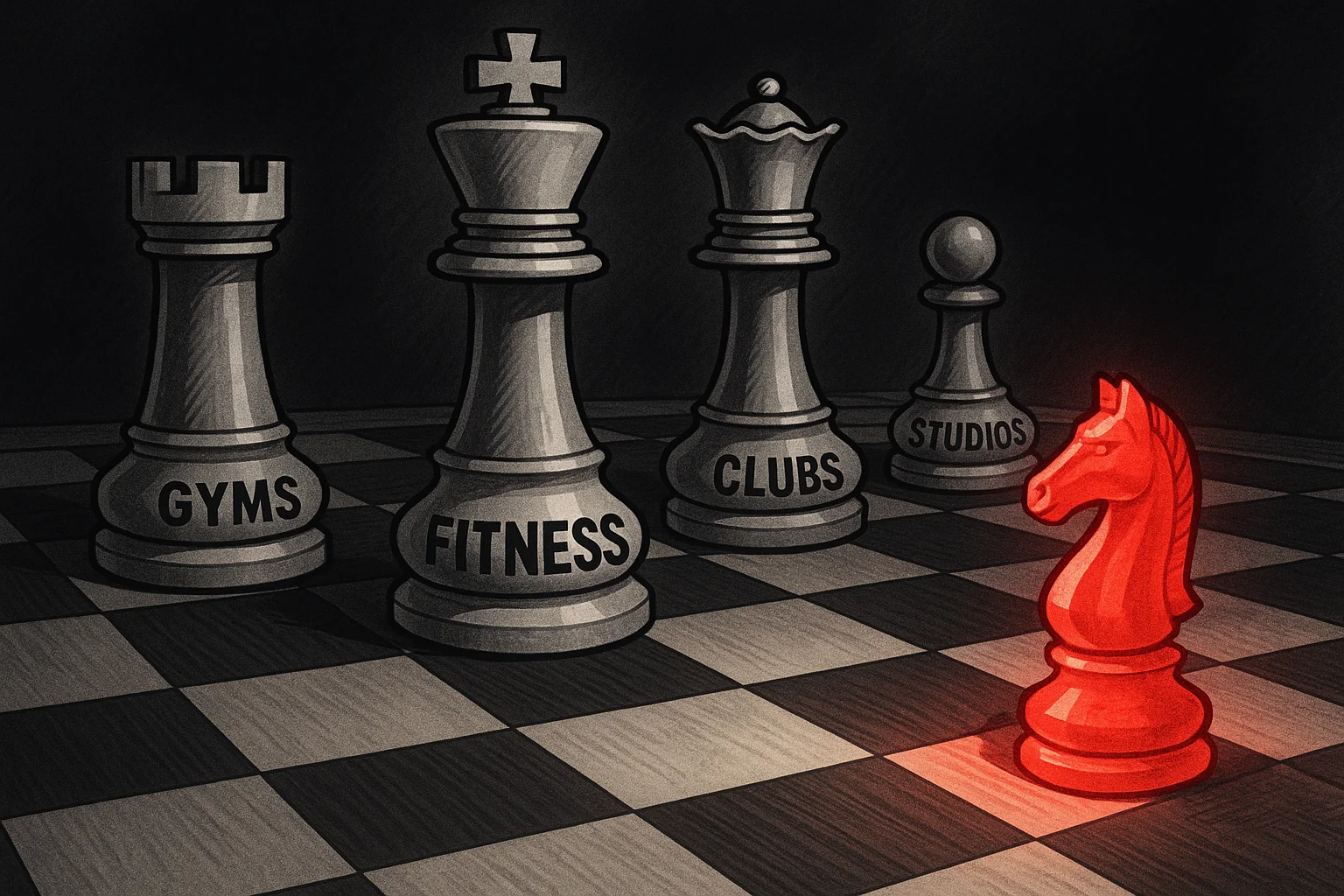 Chess board editorial illustration representing fitness franchise competitive landscape