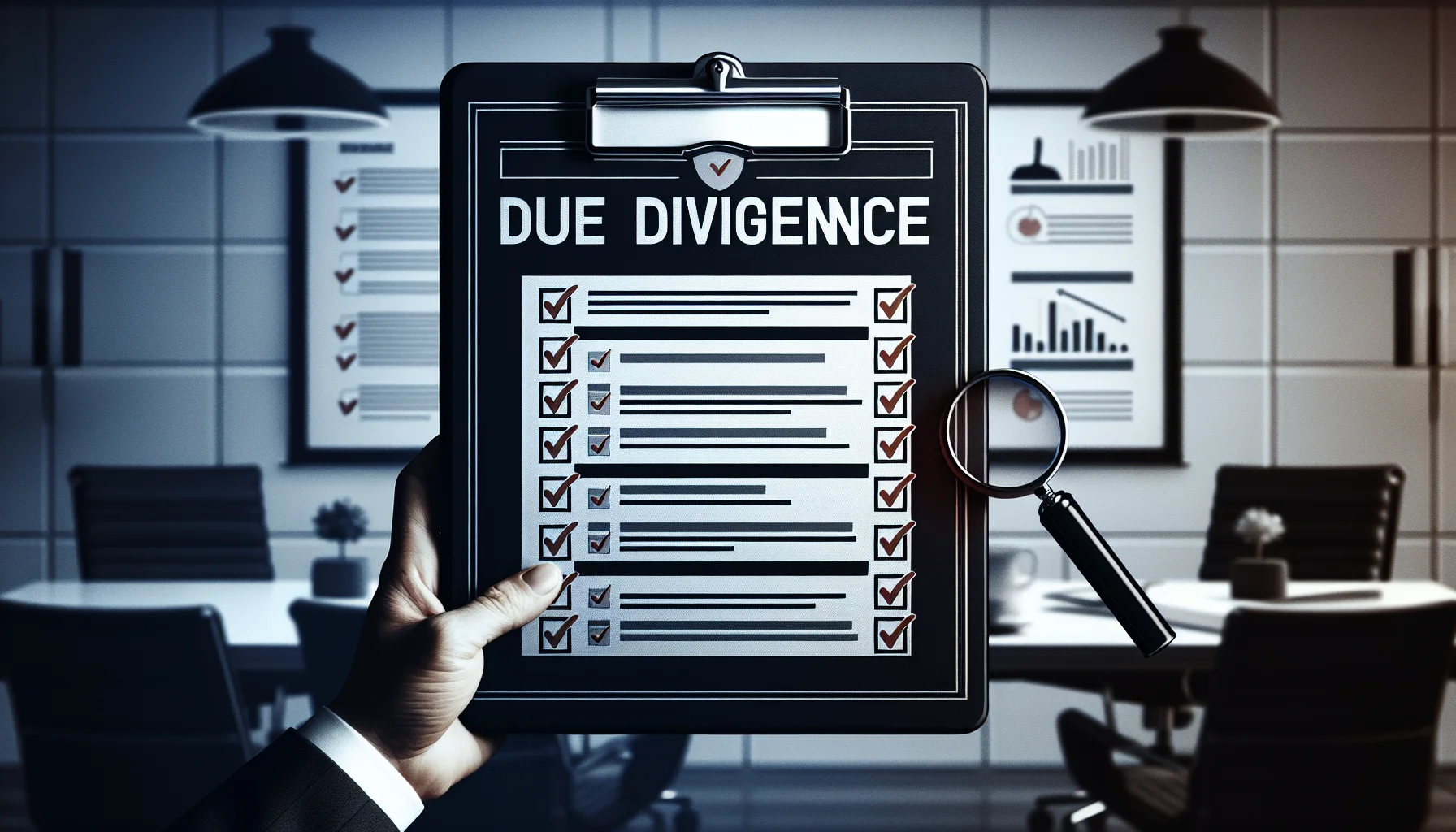 Due diligence checklist overlaid on a corporate presentation room