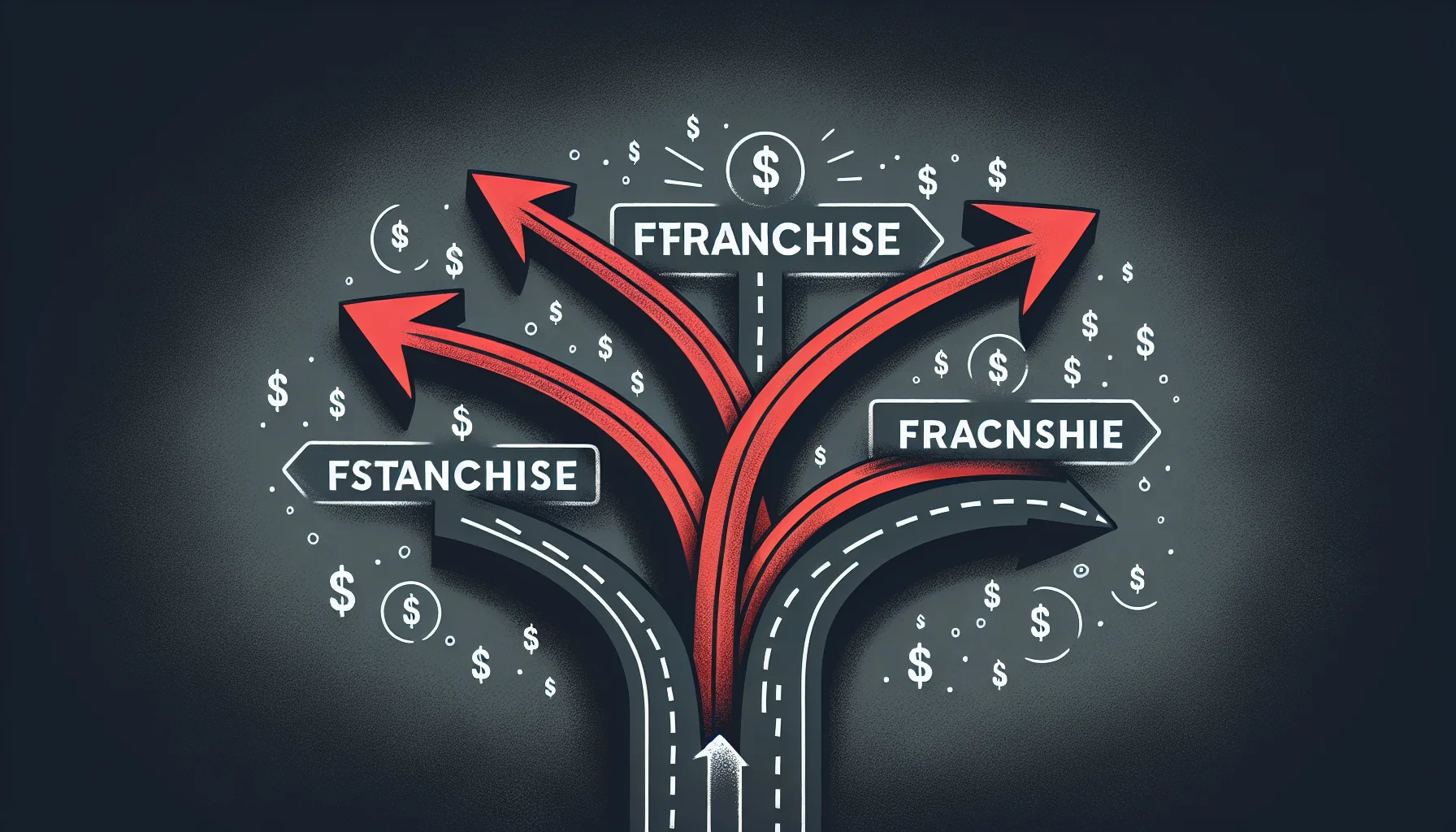 Three diverging paths representing franchise exit options with crimson markers and dollar sign typography
