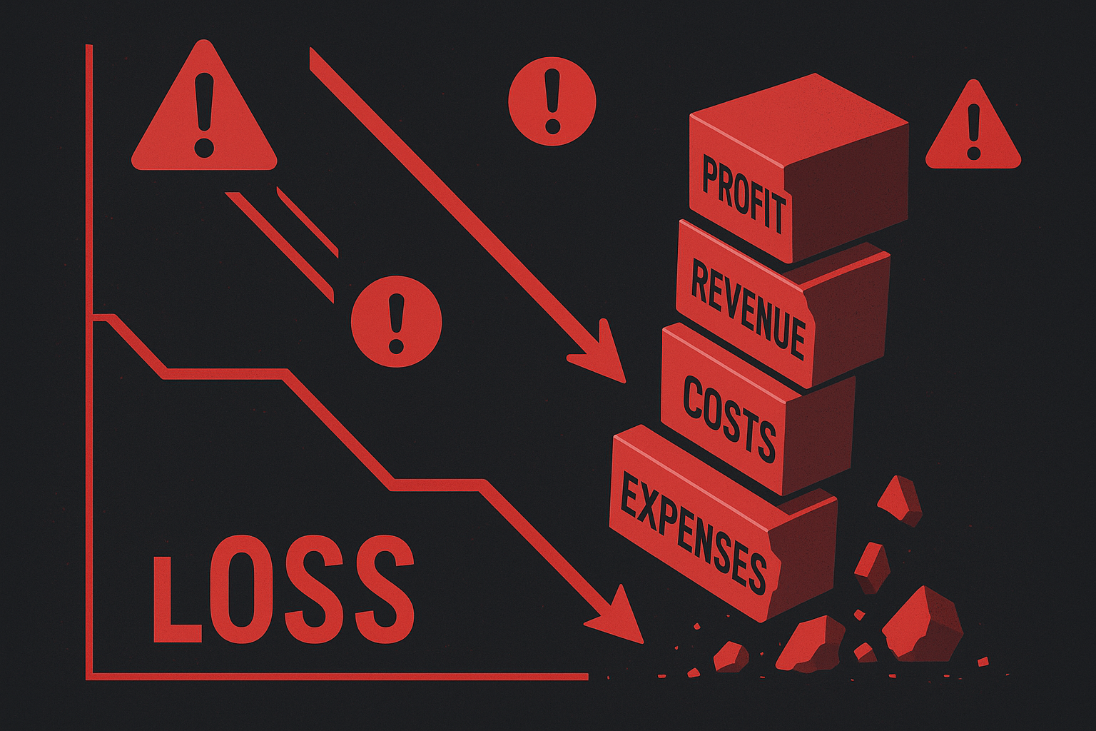 Downward financial cascade infographic with collapsing loss components and red warning indicators
