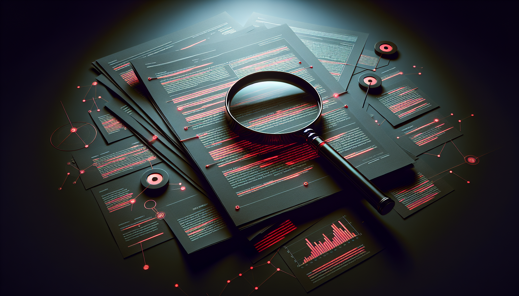 Magnifying glass examining financial document pages with red highlight annotations