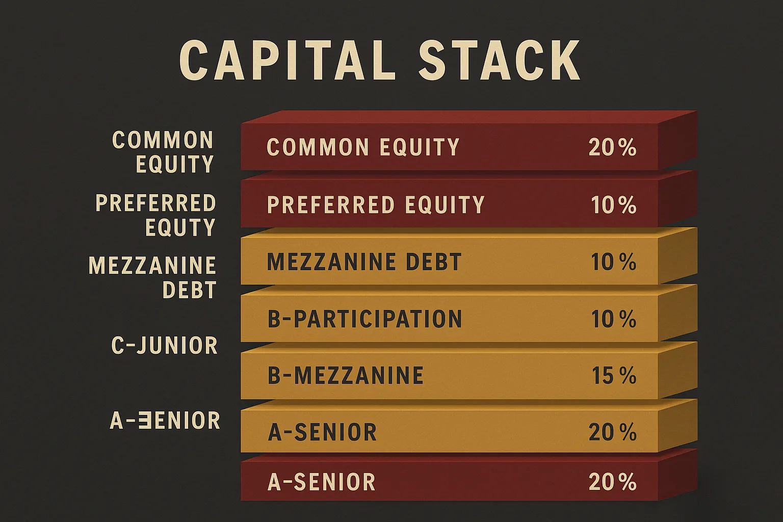 Layered capital stack diagram with seven financing sources as stacked blocks on dark charcoal background