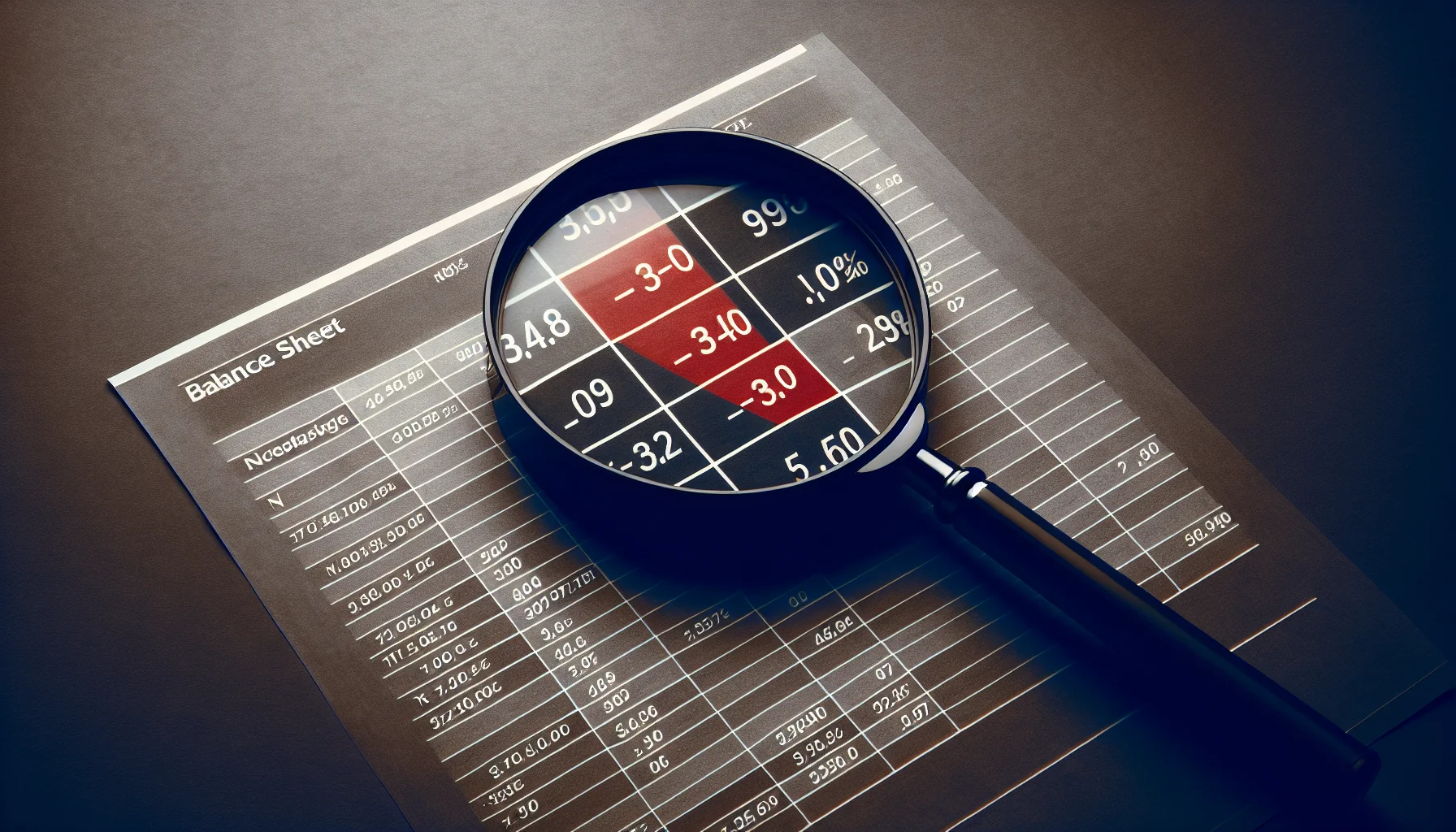 Editorial visualization of a corporate balance sheet with highlighted deficit values in crimson