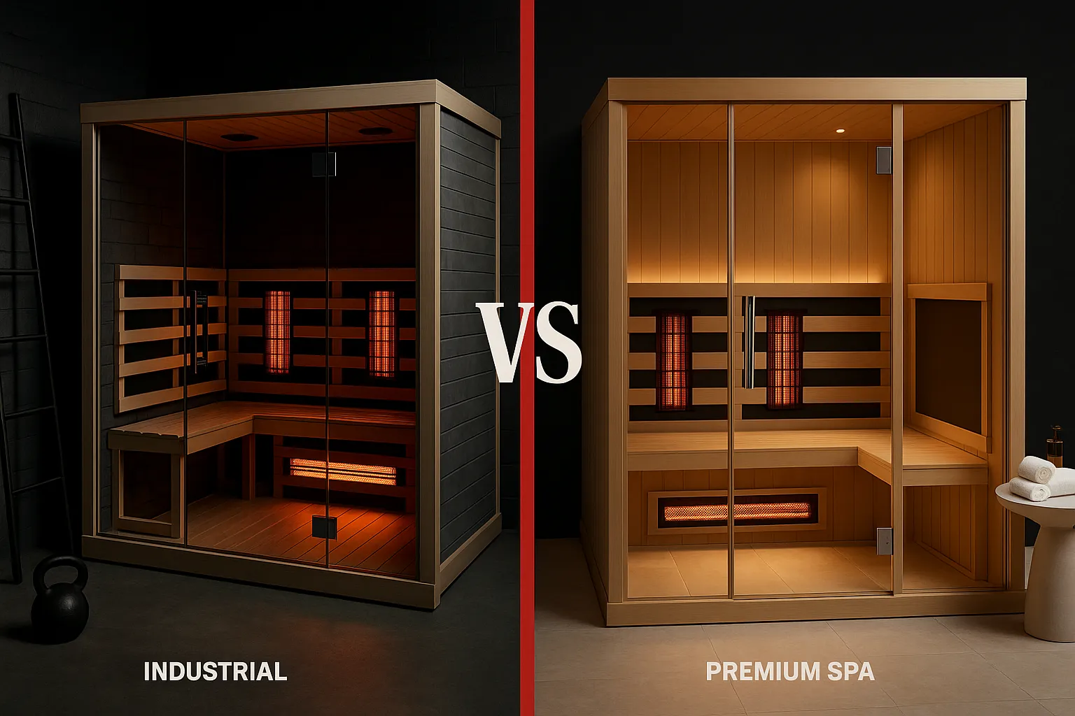 Split-screen comparison of two infrared sauna studios