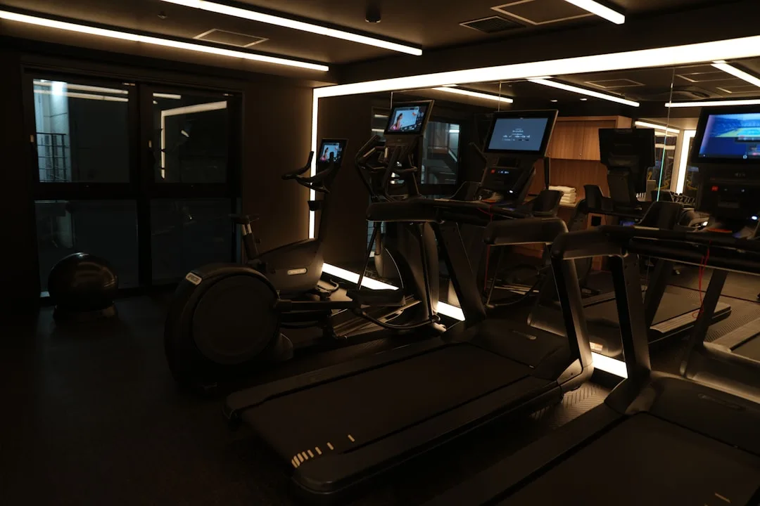 Empty fitness studio after hours with security camera perspective