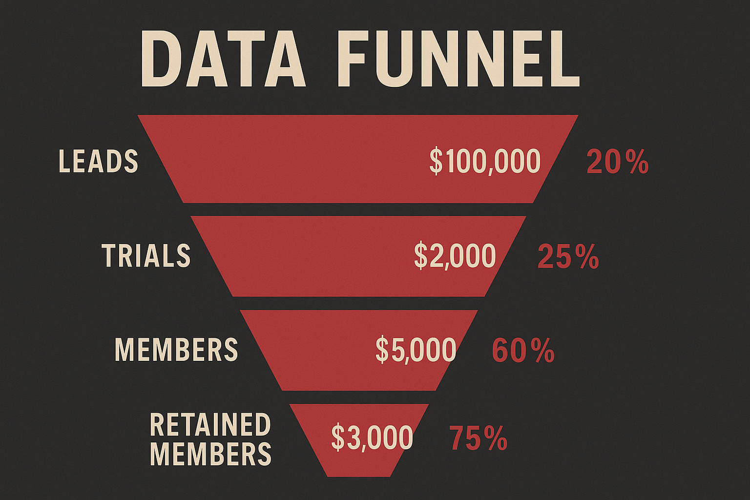 Data funnel visualization showing leads narrowing to members with conversion rate markers