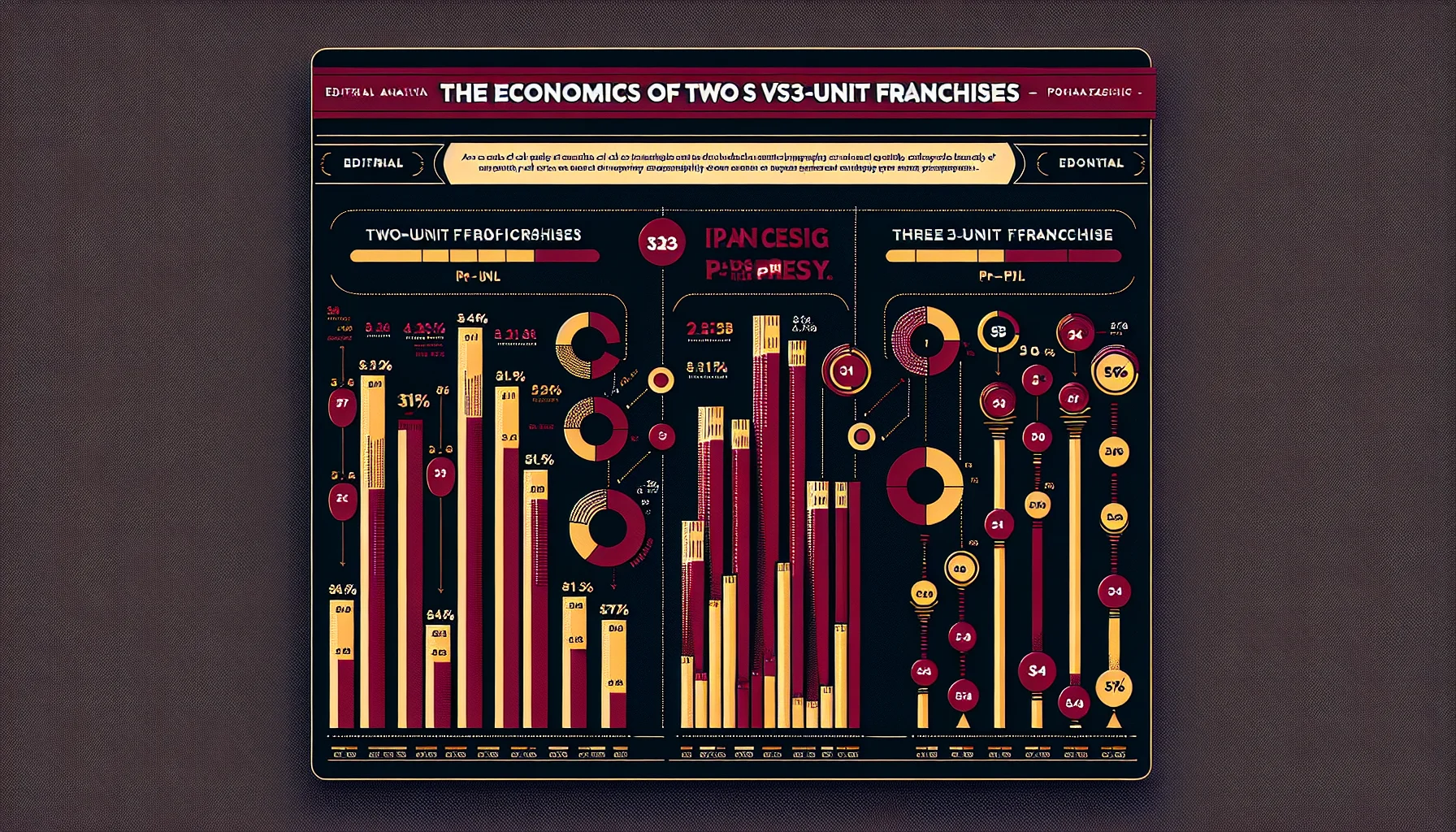Data visualization showing two-unit vs three-unit franchise economics with P&L columns converging toward profitability