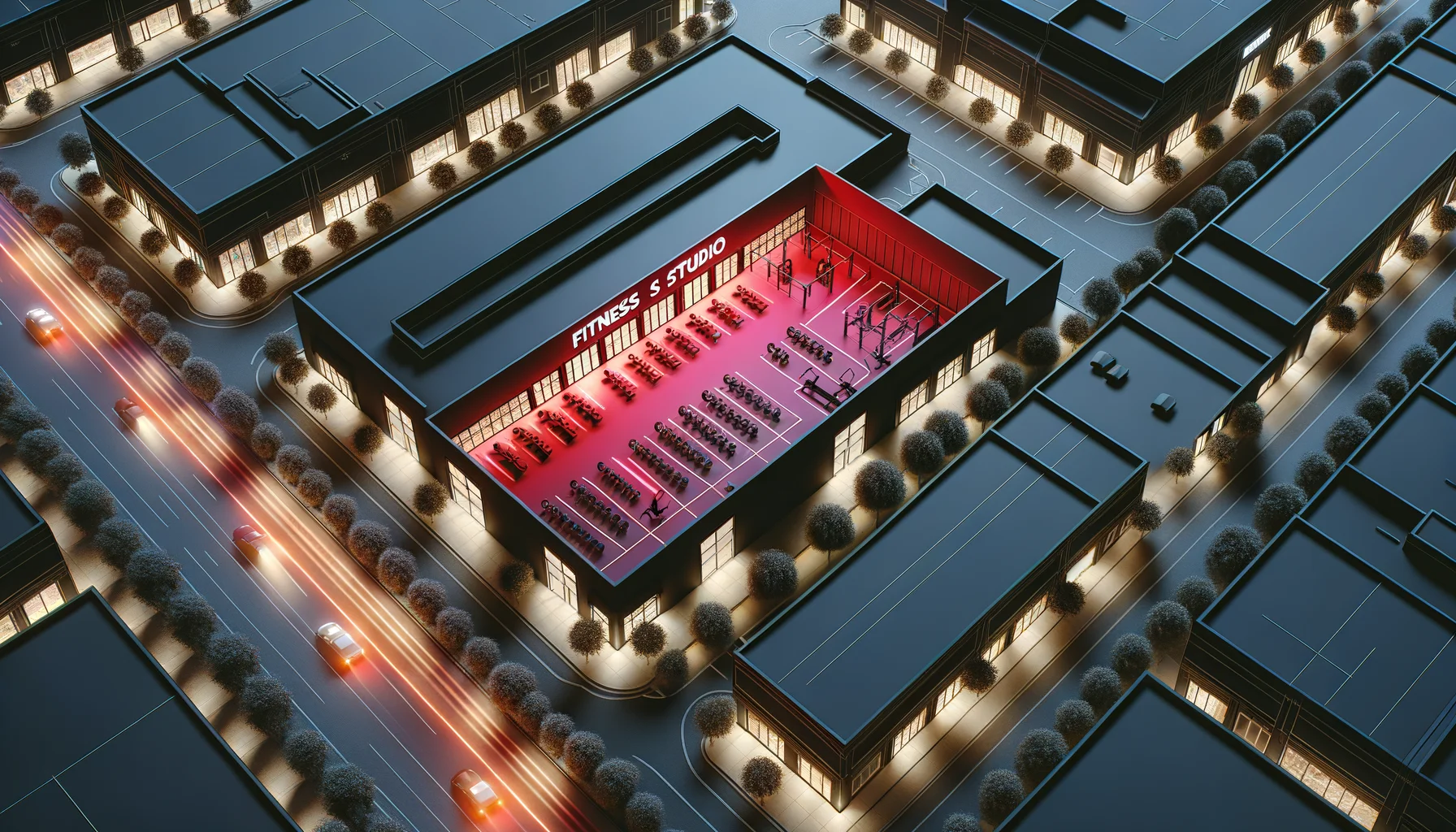 Aerial illustration of a strip mall with one unit highlighted in crimson showing a fitness studio floor plan overlay