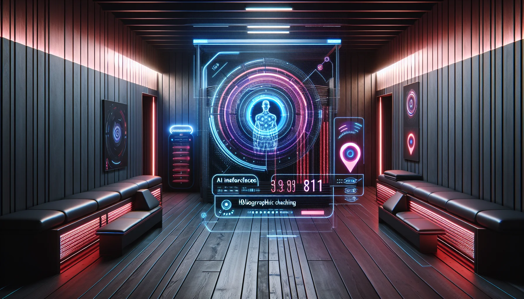 Futuristic AI coaching interface overlaid on infrared fitness studio environment