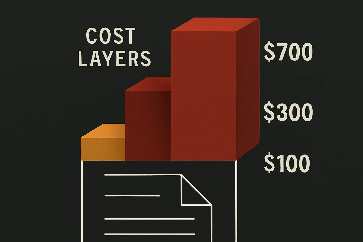 Data visualization showing stacked cost layers growing beyond a document boundary with dollar figures