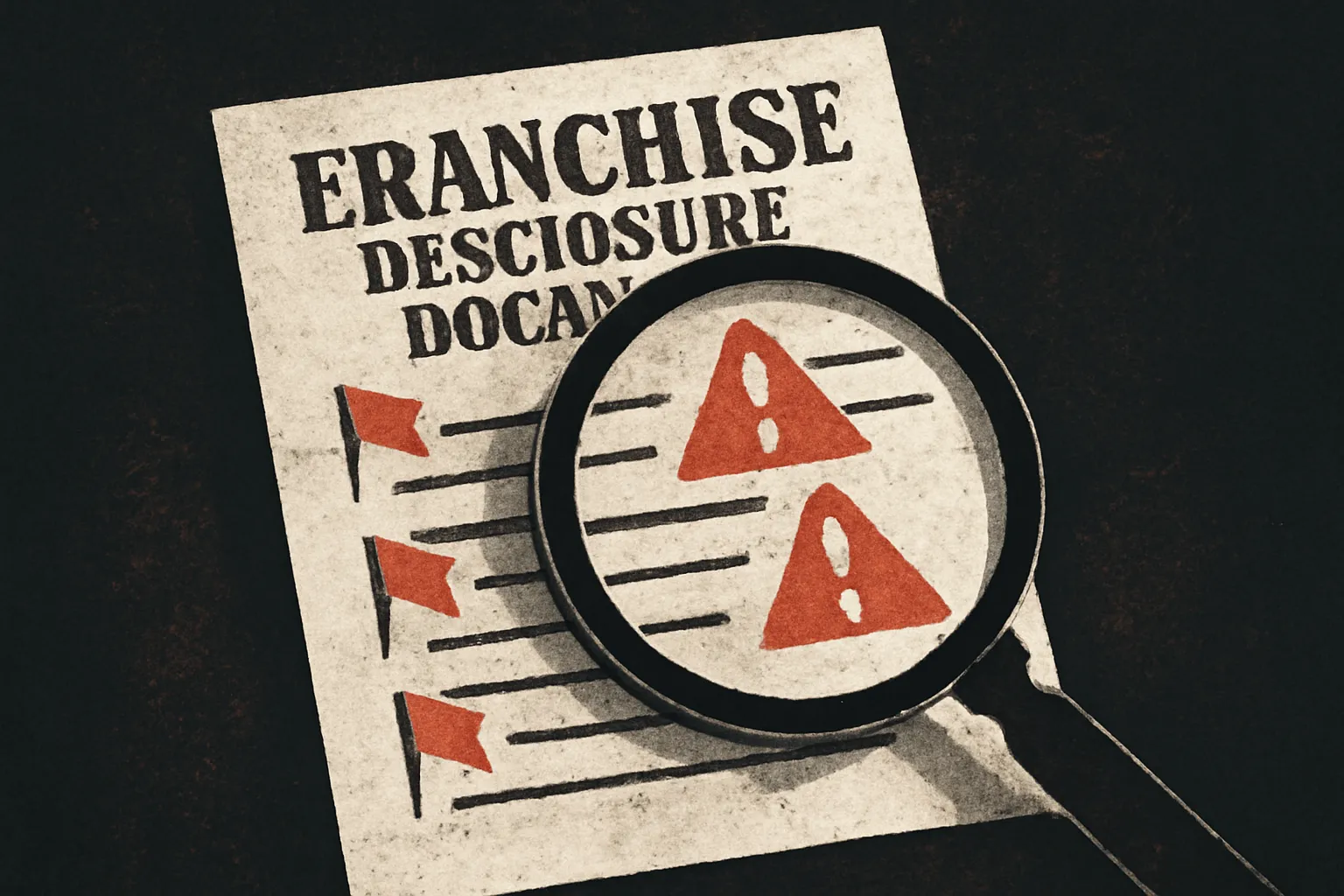 Magnifying glass over franchise disclosure document with violation flags
