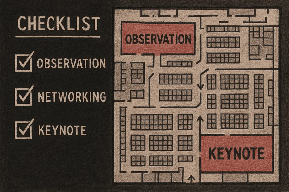 Convention field guide illustration showing observation, networking, and keynote decoder zones
