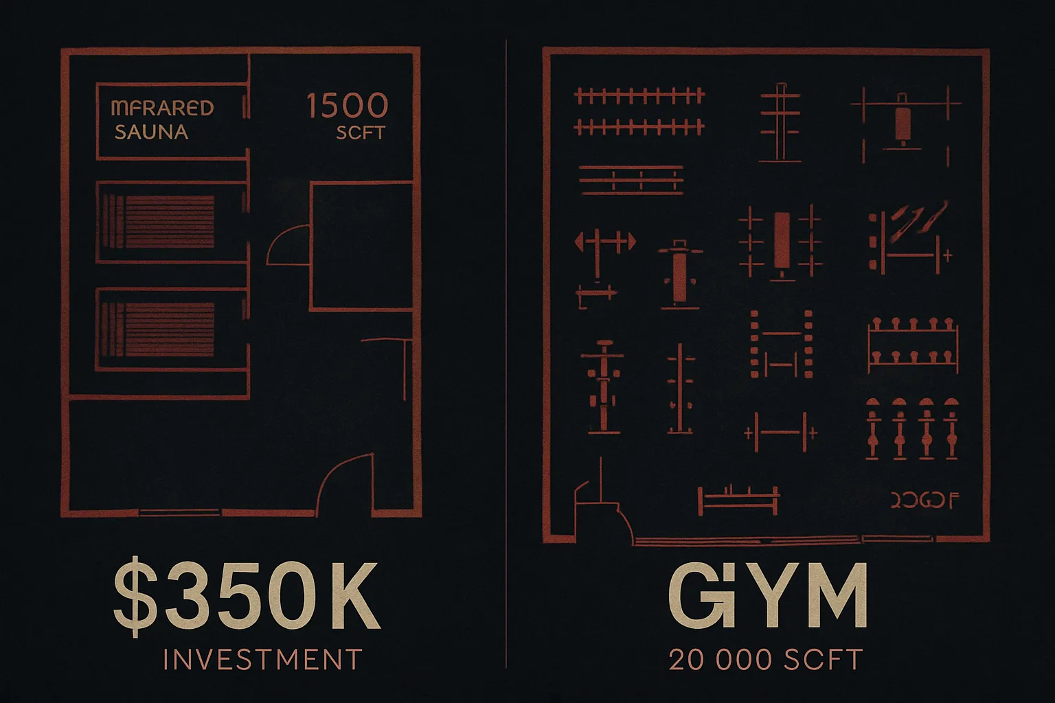 Side-by-side visualization comparing a compact 1,500 sqft infrared studio against a 20,000 sqft gym floor plan with $350K vs $1.6M investment overlay