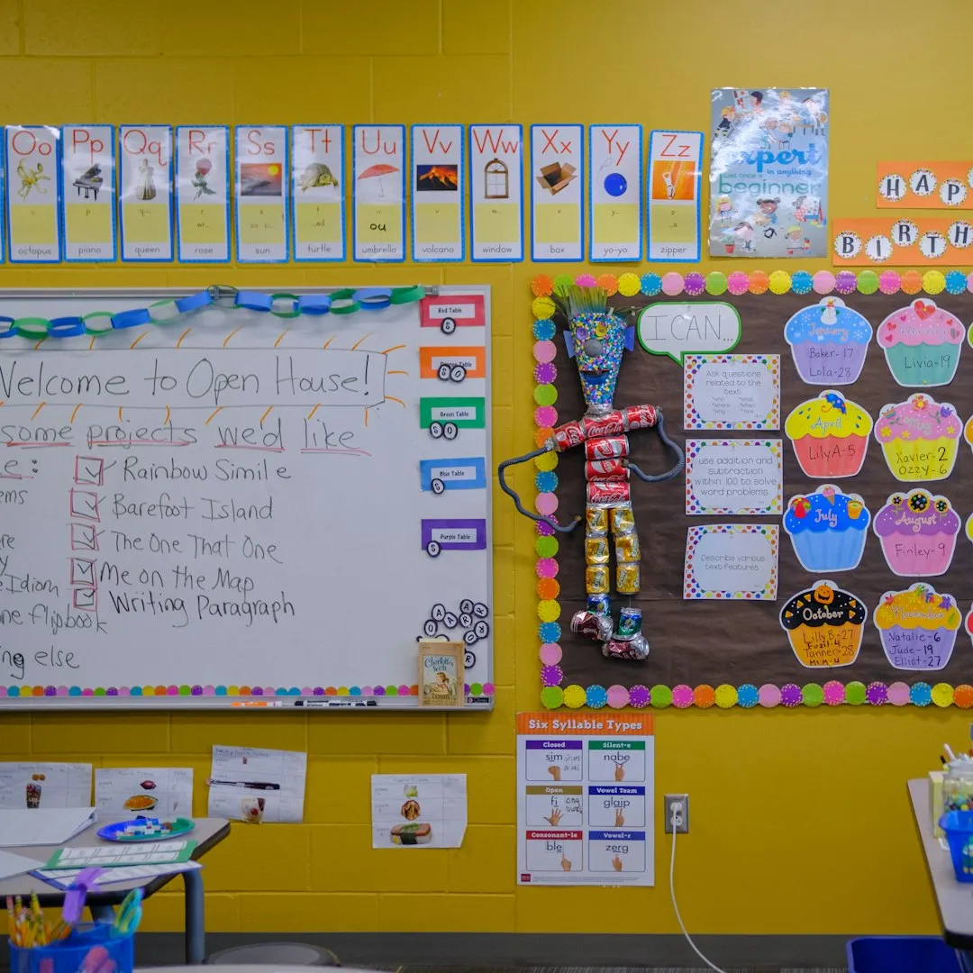 Lesson scheduling board showing overlapping time slots for guitar, drums, bass, keyboard, and vocal lessons across weekday afternoon and Saturday blocks